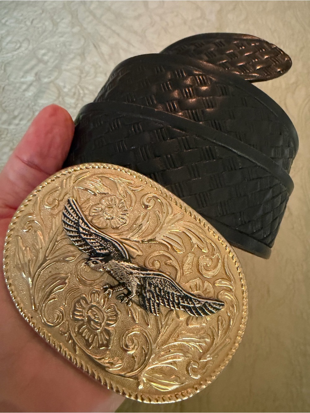 Western Pheasant Buckle Black Basket Weave Leather Belt Chambers Phoenix Size 36